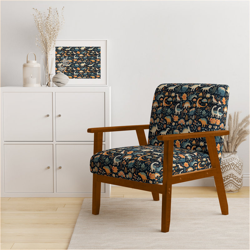 Dinosaurs Roar III - Velvet Upholstered Casual Accent Arm Chair, Brown Square Arms