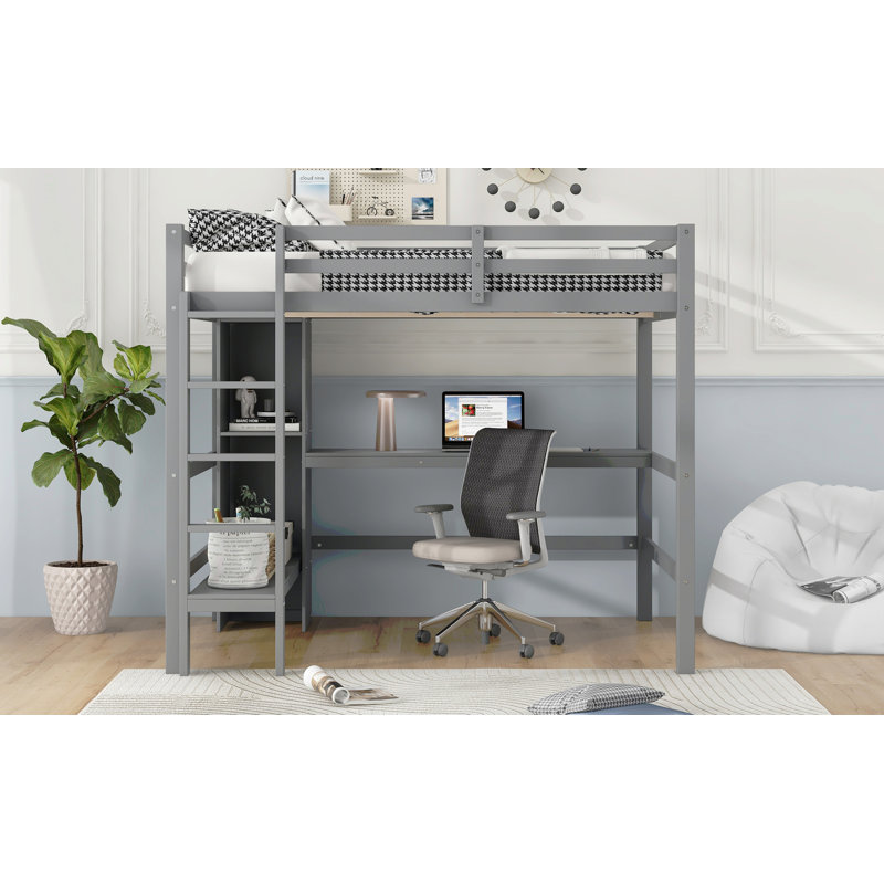 Lit mezzanine double avec tablettes multifonctionnelles et bureau sous le lit, gris