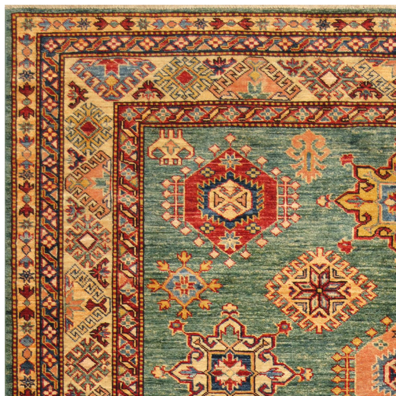 Tapis vert / ivoire en laine noué à la main de conception unique 6 pi x 8 pi 1 po Jevon