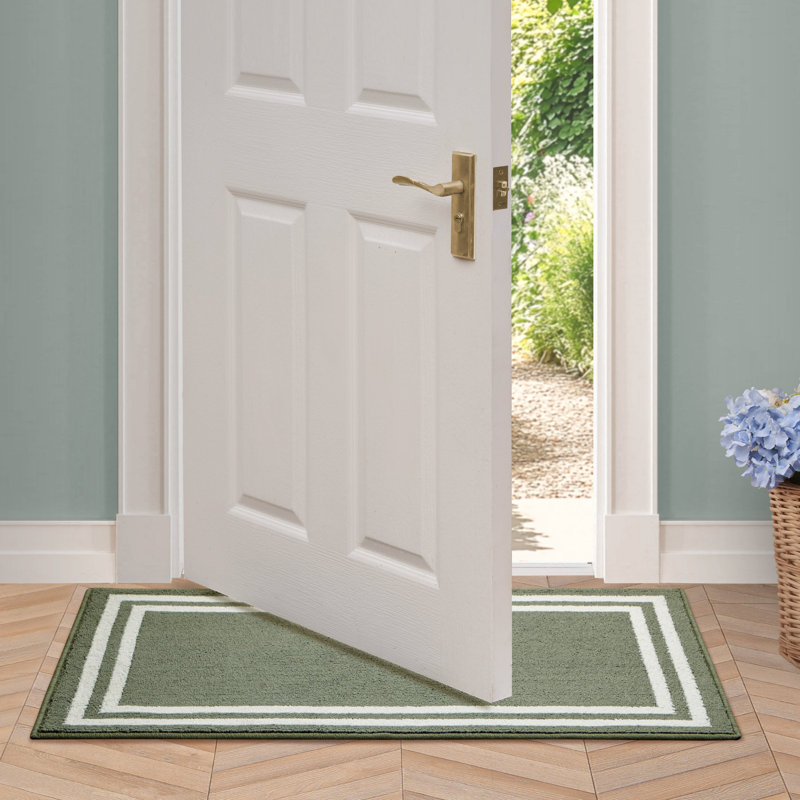 Laura Ashley Debbie Double Border Two-Tone Machine Washable All Loop Tufted Rugs, Runner 2'2" x 8', Natural/Sage