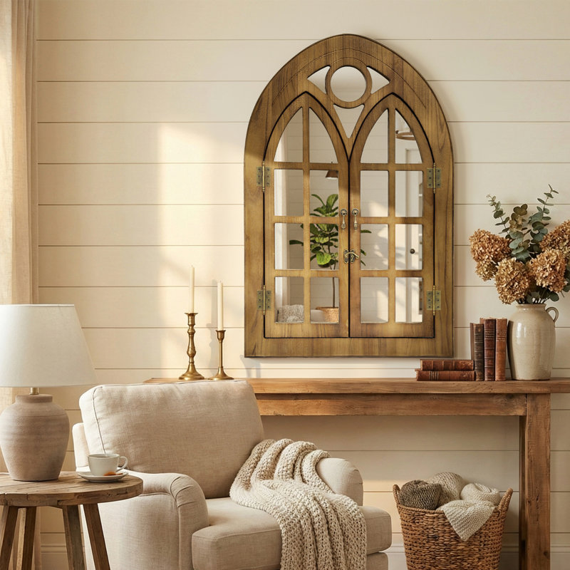 Solid Wood Arched Window Mirror With Opening Doors – Farmhouse Wall Mirror For Bathroom Vanity, Rustic Decorative Mirror