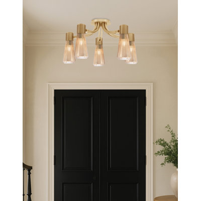 Akins 5 lumières semi-encastrées au fini laiton vieilli avec verre ambré 4 po Akins