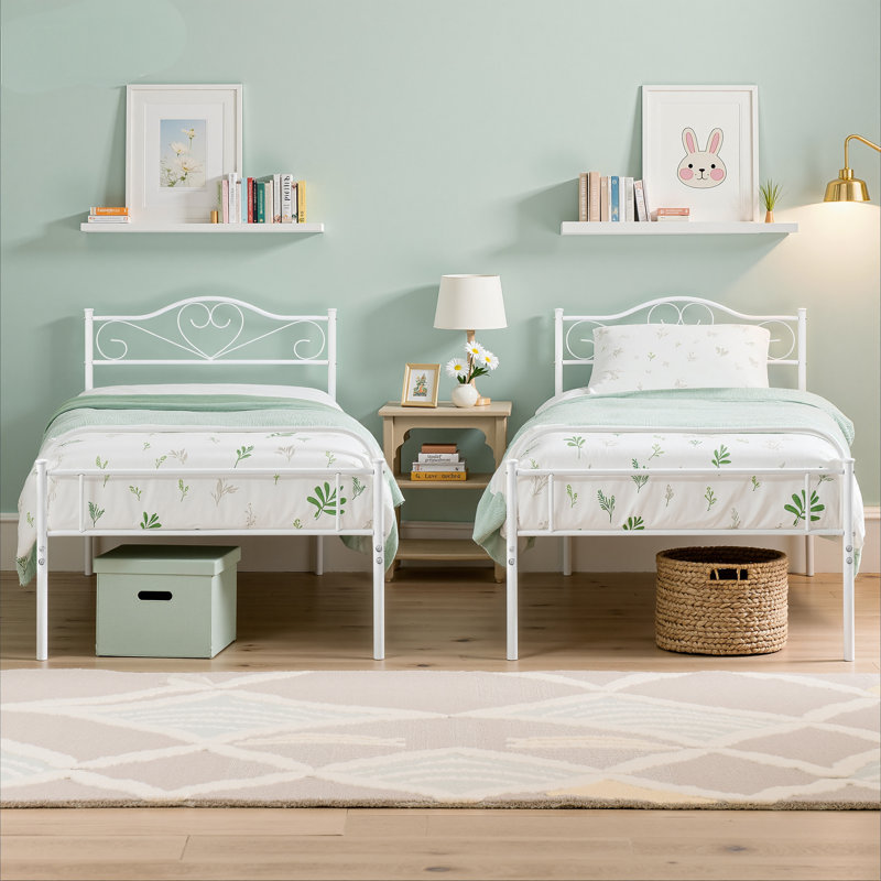 Embourg 2 Set Bed Frame, 2-Piece Metal Platform Bed Frame Set, Twin Size Vintage Style White Bed with Scroll Design Headboard and Footboard, No Box Spring Needed, Perfect for Kids’ Room, Guest Room, or Rental