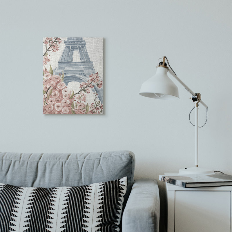«Paris Flowers Eiffel Tower Pink Blue», reproduction d'art, Toile tendue, H 16 po x l 20 po x P 1,5 po