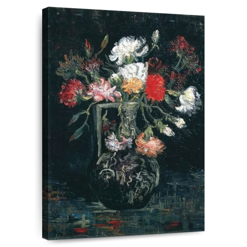 Vase Harnek avec œillets blancs et rouges, H 39 po x l 26 po