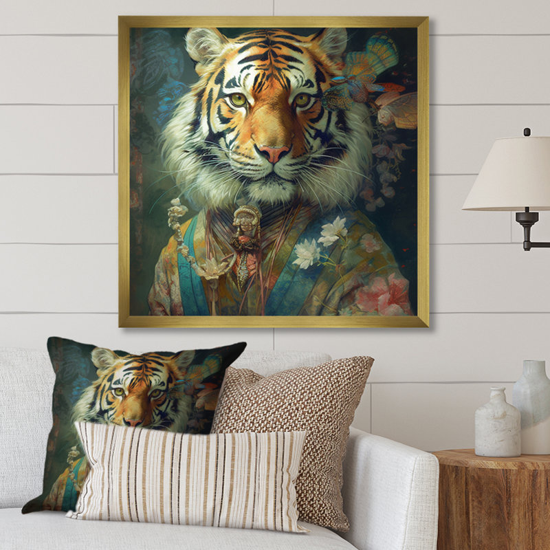 Portrait de tigre rétro - tigre, art mural, H 16 po x l 16 po x P 1 po, Cadre doré simple