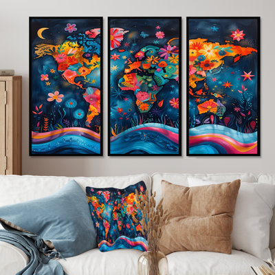 Orange Blue Abstract World Map - World Map Wall Art Living Room Set