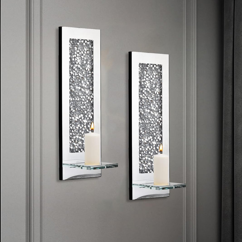 Crystal Crush Diamond Wall Candle Holder Set Of 2, Rectangle Silver Mirrored Candle Sconces, Home Wall Decoration For Living Room,Dining Room & Bedroom