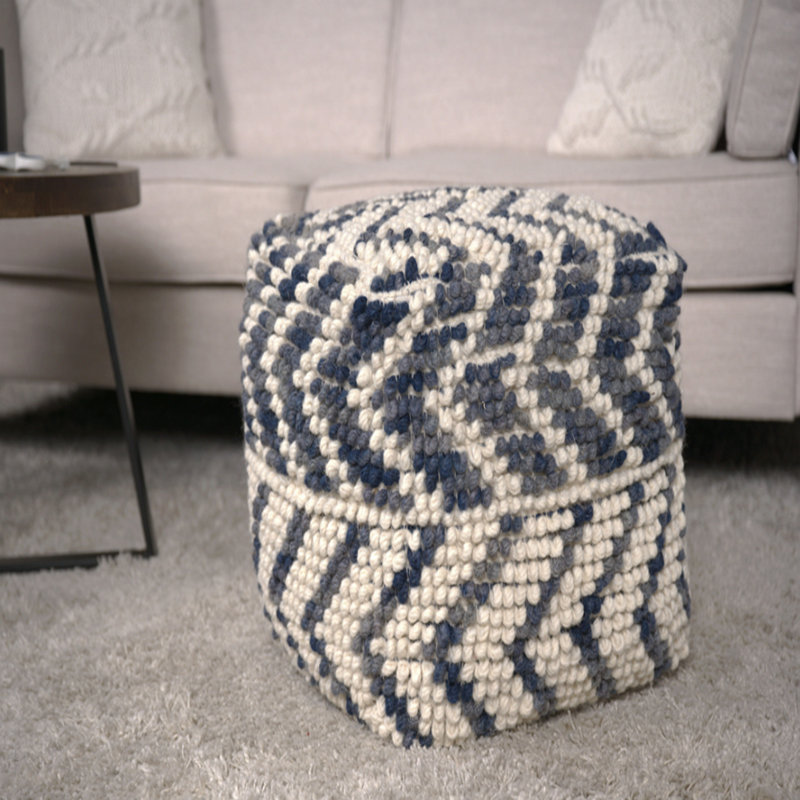 Wool and Cotton Pouf Ottoman - Natural/Blue