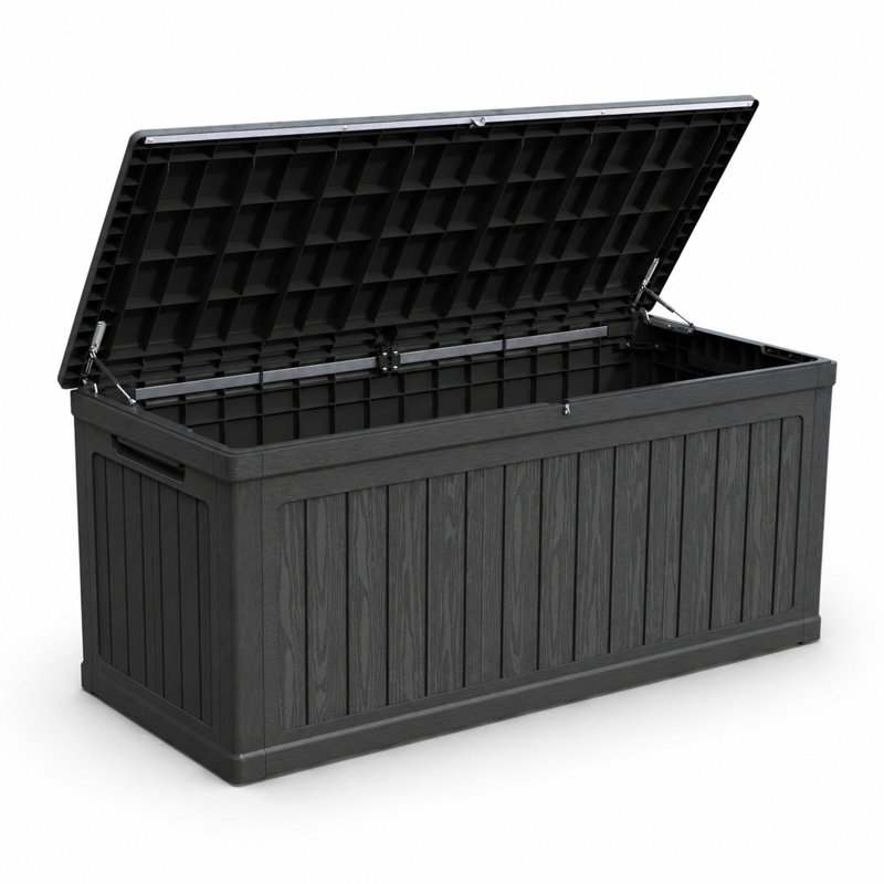 Boîte de terrasse en résine de 260 gallons noire verrouillable et imperméable pour les coussins de patio