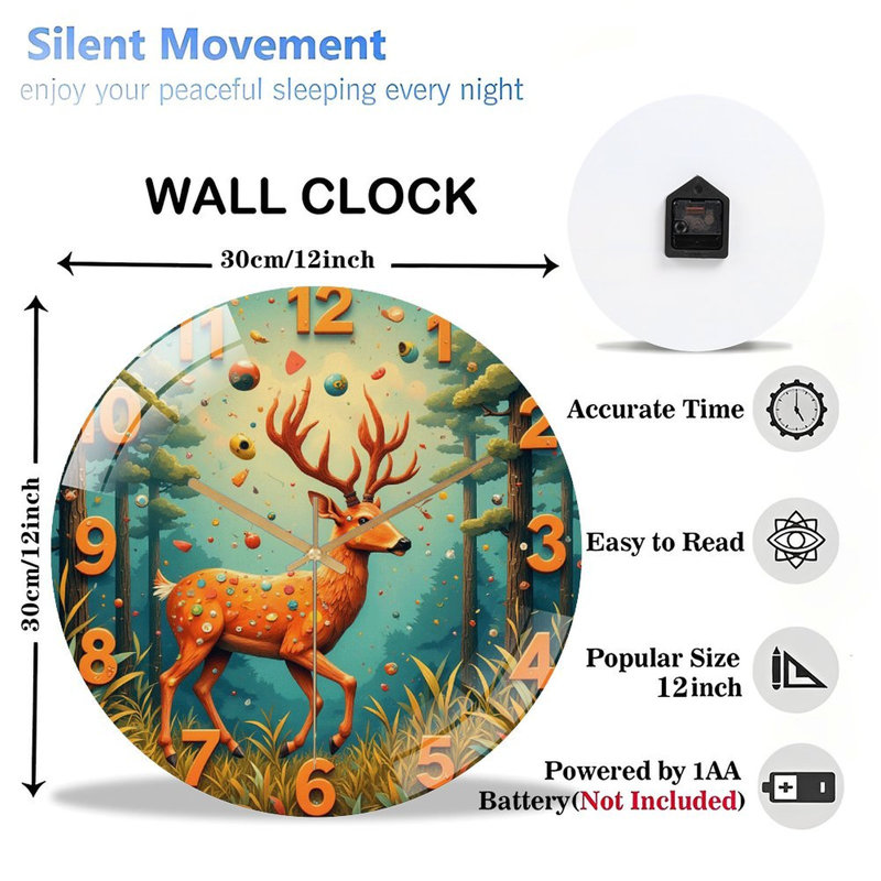 Horloge murale silencieuse en verre trempé de 30 cm, « Horloge Cerf de la forêt », sans tic-tac, fonctionne avec des piles (piles AA non comprises), décoration artistique pour la maison