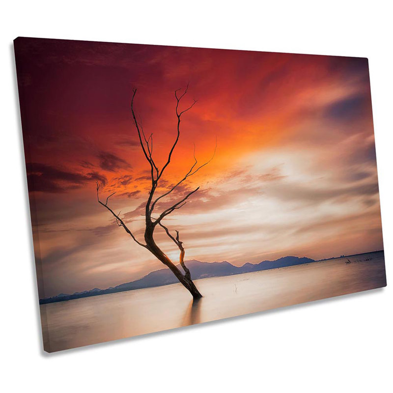 Tree Orange Sunset Lake Nature - Wrapped Canvas Print, 91.4cm H x 137.2cm W x 4cm D
