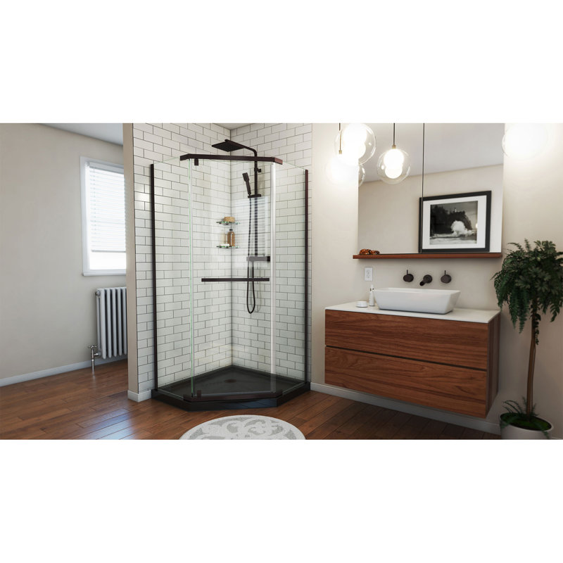 Prism 38" W x 38" D x 74.75" H Frameless Neo-Angle Reversible Shower Kit with Towel Bar and Base Included, Black