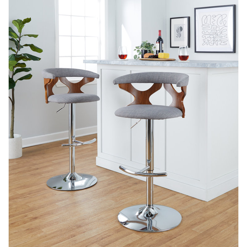 Gray Adjustable Swivel Barstool with Walnut and Chrome Frame