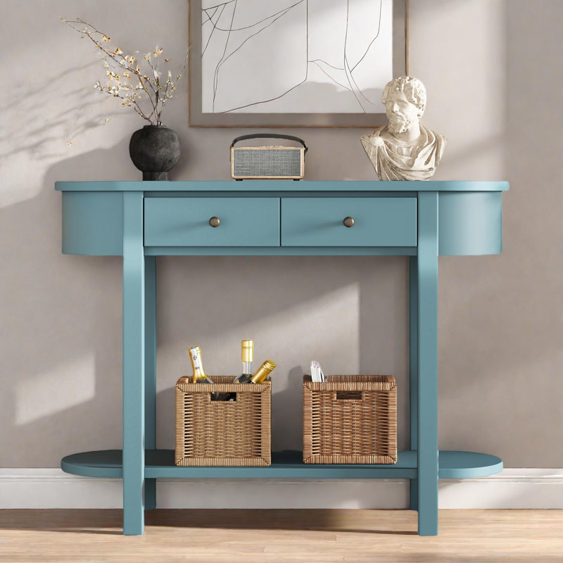 Retro Console Table With Curved Design, Smooth Glaze, 2 Drawers And Metal Handles, Turquoise Green
