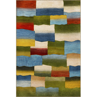 Tapis décoratif moderne multicolore à motif géométrique vert-bleu
