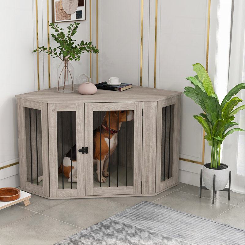 Meuble de coin pour cage de coin, meuble pour chenil de table de bout avec coussin, cage pour chien de grande taille à l'intérieur, brun noyer
