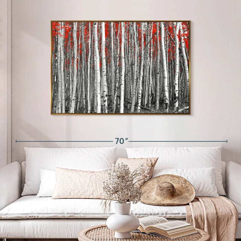 Forêt de bouleaux rouges, 46 po x 31 po, Cadre flottant doré