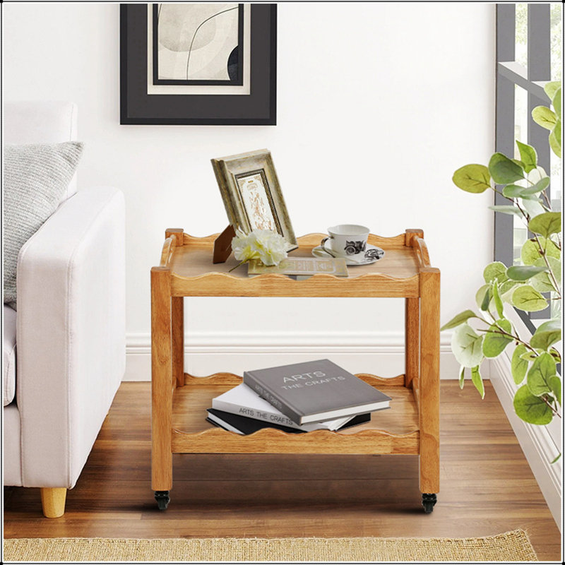 Table d'appoint roulante en bois d'hévéa massif, à 2 niveaux avec roues verrouillables et plateau amovible, robuste et durable pour diverses utilisations