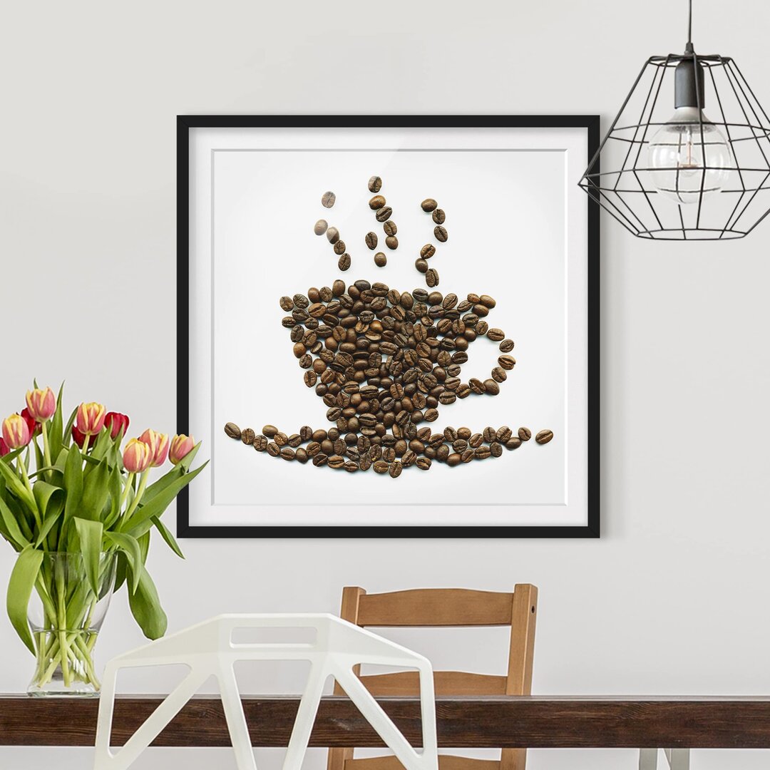 Gerahmtes Poster Kaffeebecher mit Bohnen