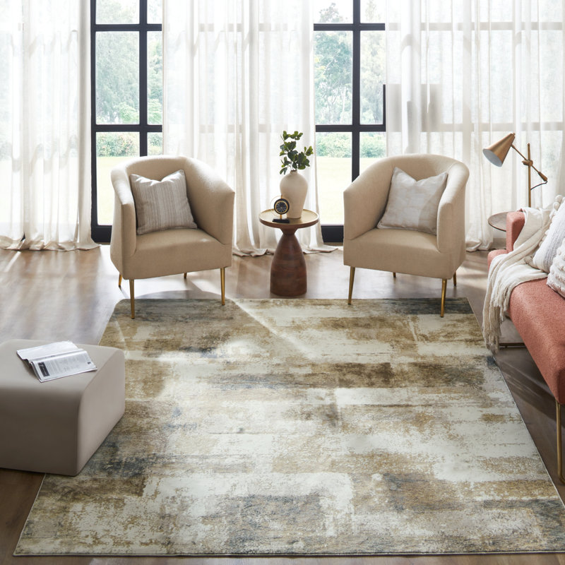 Grandeur Ivory Gold Brushblock Abstract Area Rug, Rectangle 5'6" x 8'6"