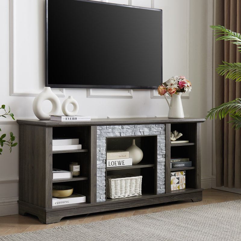 Mantel Stone TV Media Stand With With Faux Stacked Stone Surround, Modern Entertainment Console With Open Storage Space,Grey, 58.31"W*15.39"D*26.06"H