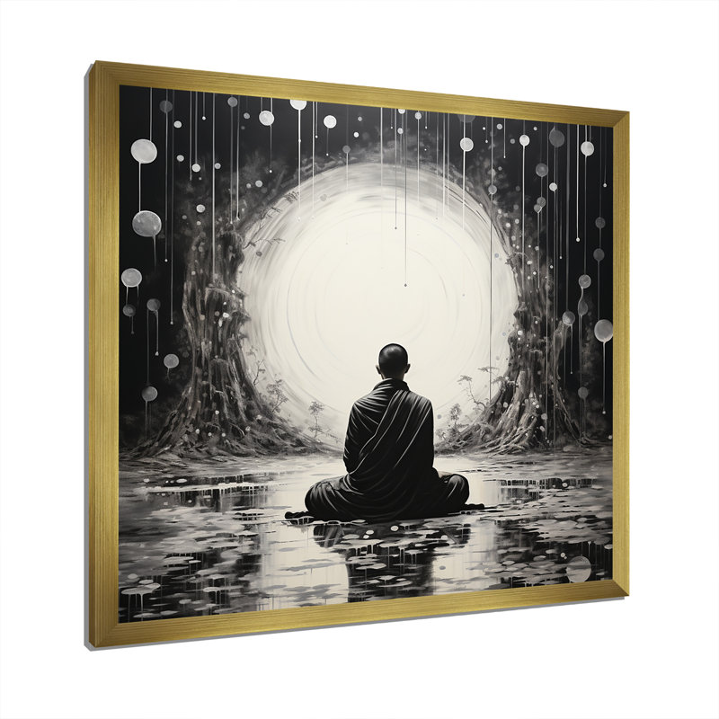 Statue de bouddhisme zen sur toile, Cadre doré simple, H 36 po x l 36 po x P 1,5 po