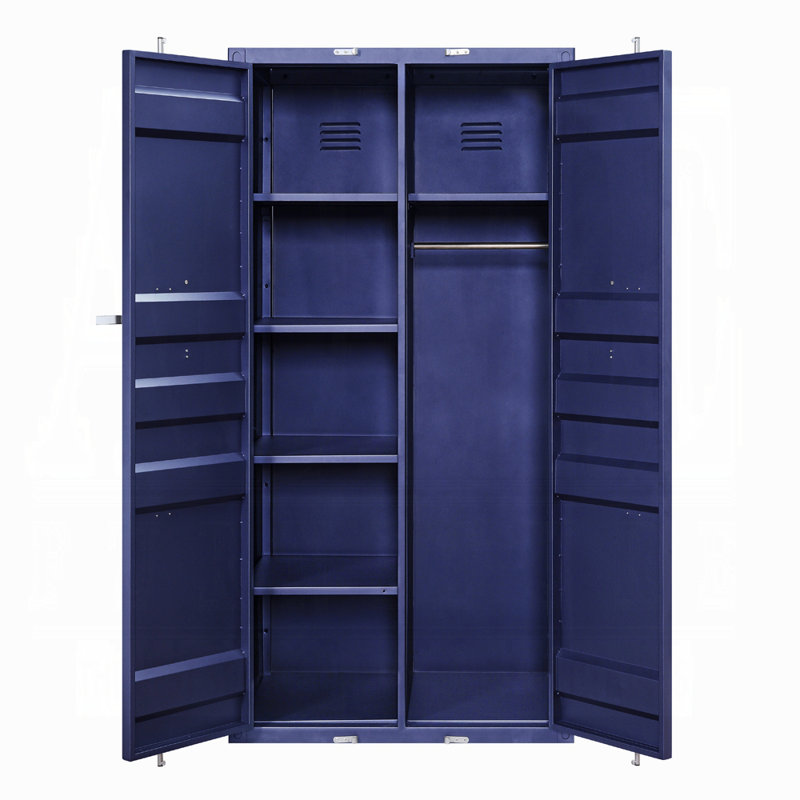 Armoire Cargo en métal bleu industriel avec deux portes, tablettes et tringle, Marine