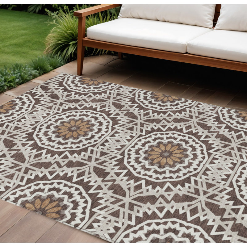 Tapis intérieur lavable 8 pi x 10 pi ivoire et médaillon floral chocolat