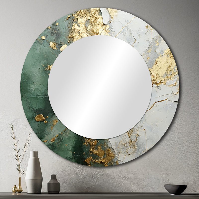 Seneka Gold And Green Paint Fusion - Abstract Painting Decorative Mirror, Beige Large Round Wall Mirror, Printed Metal Art