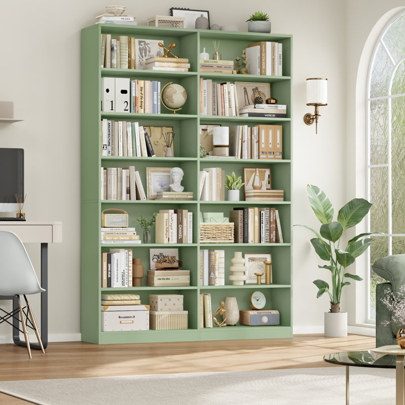 Bibliothèque Beetner H 84 po x l 46 po, bibliothèque standard à 7 niveaux, 14 cubes, Vert