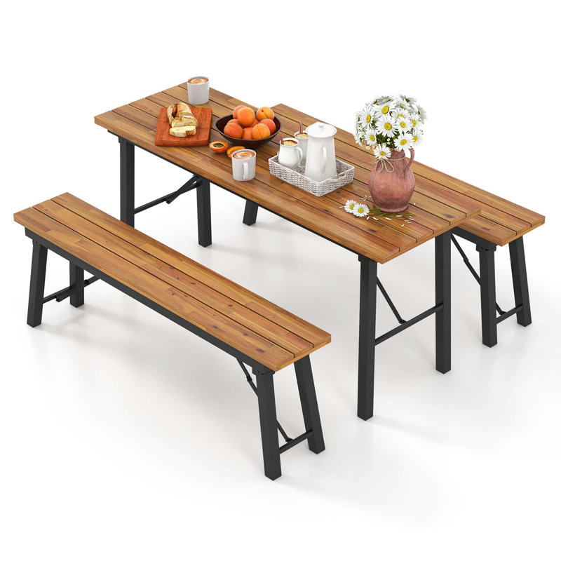 Ensemble de table de pique-nique et de banc 17 pièces avec structure en métal pour 4 ou 6 personnes