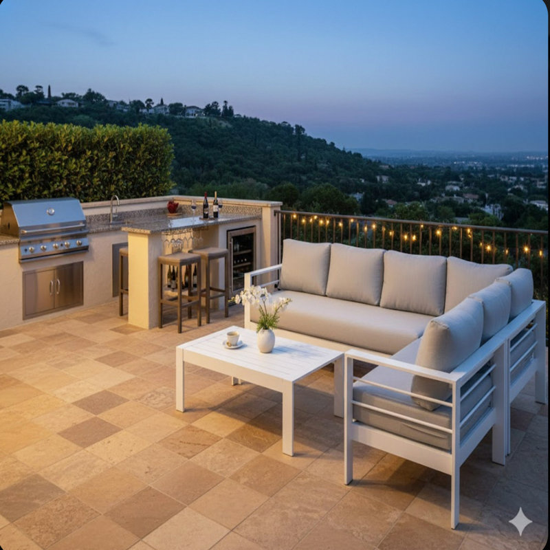 Ensemble de conversation modulaire en aluminium 4 pièces pour patio, canapé 7 places avec coussins épais et structure blanche et table basse