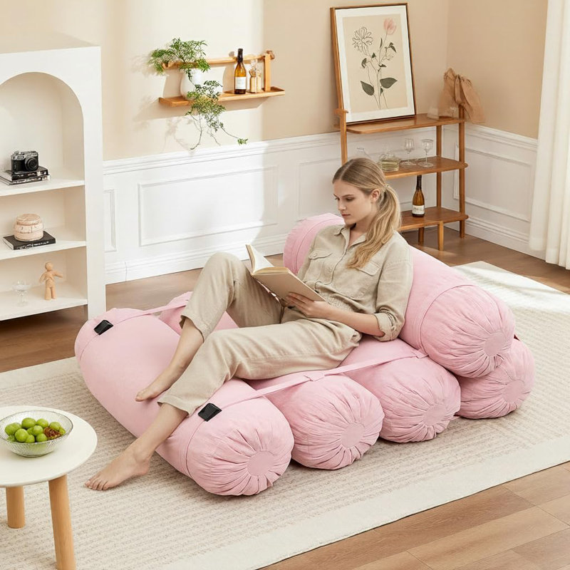 Boneless Modern Corduroy Compressed Adjustable Floor Sofa No Assembly Required, Pink