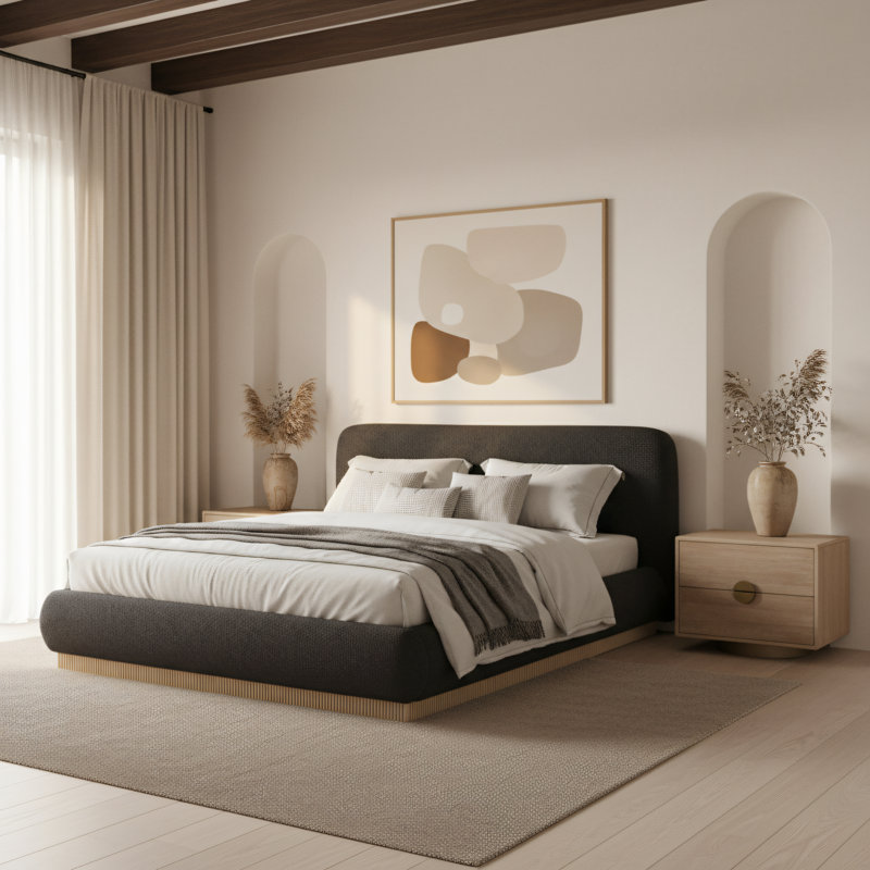 Ivalda Upholstered Panel Bed, Queen, Brown Boucle Fabric