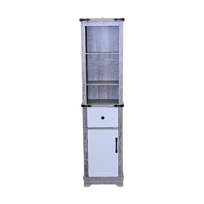 Grey + White, , Bathroom Storage Cabinet, Tall Linen Tower, Customizable Shelves, Drawer, Small Spaces Corners