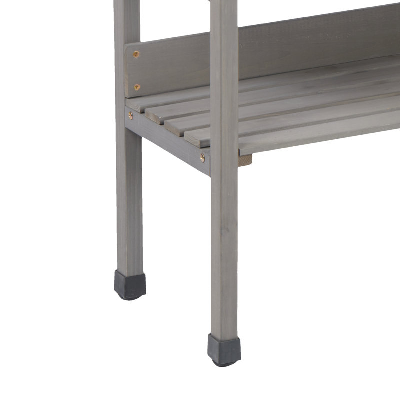 Solid Wood 30 Inch Garage Workbench Utility Table with Metal Top 3 Tier Shelves Side Hooks Light gray, Light Gray