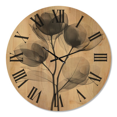 Horloge murale ronde minimaliste beige à motif tulipe translucide, imprimée sur bois.