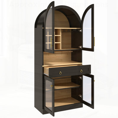 Grande armoire de bar arquée de conception Mid-Century avec tablette réglable, 5 crochets, 9 porte-bouteilles, 3 porte-verres et grand tiroir pour un rangement élégant