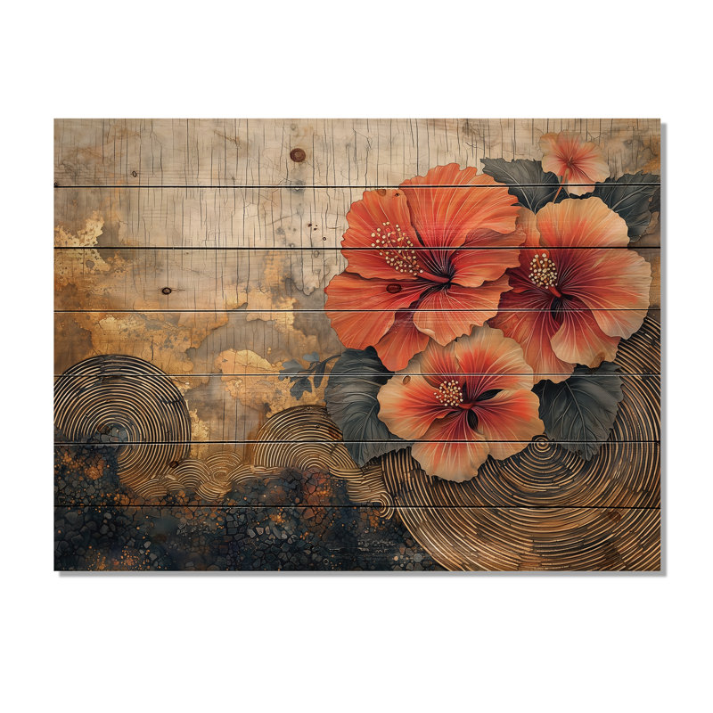 Hibiscus Flowers Field On A Wooden Horizon II - Hibiscus Wood Wall Decor - On Natural Pine Wood, 30" H x 40" W