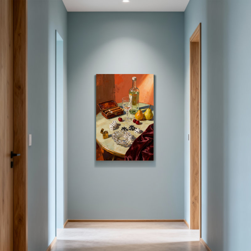 Mode nature morte avec des dés de cigares et des fruits, H 20 po x l 30 po