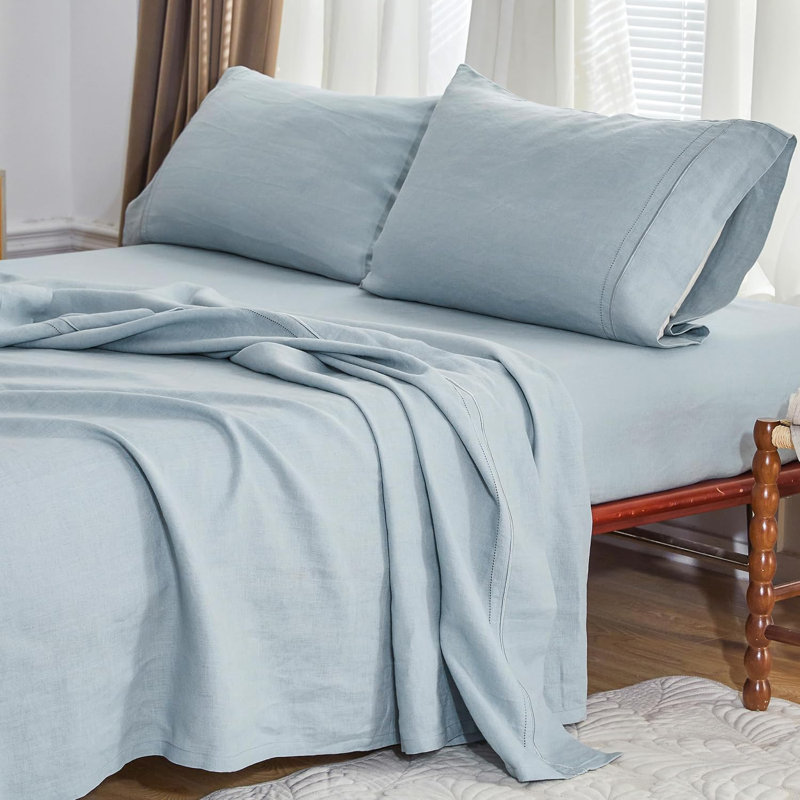 100% French Linen Sheet Set Breathable Durable For Hot Sleepers Bedding 4 Pcs - 1 Flat Sheet,1 Fitted Sheet,2 Pillowcases