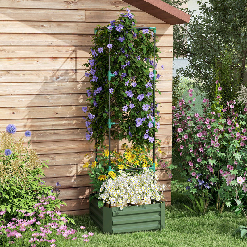 Boîte à fleurs surélevée galvanisée de 24 po x 24 po x 11,88 po avec treillis pour vignes, extérieur, cour arrière, pot de jardin, support à tomates