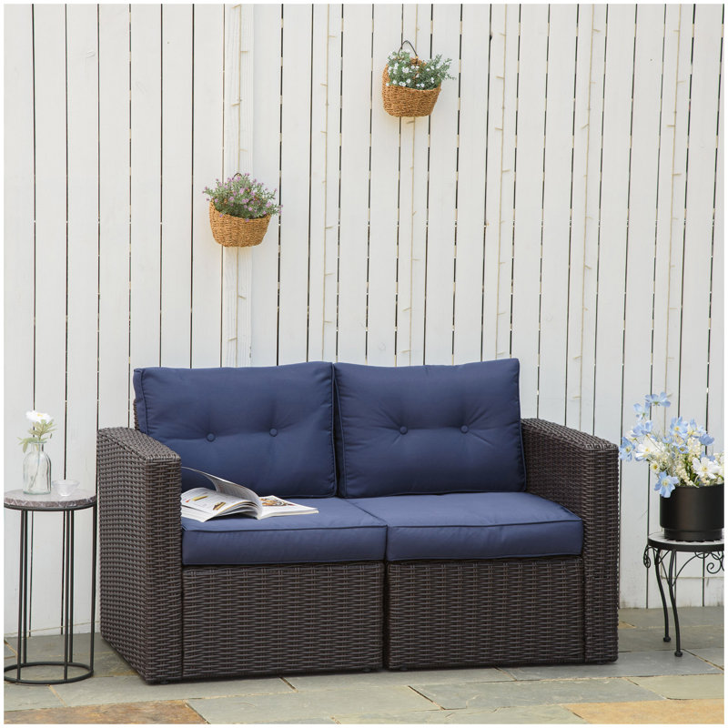 Outsunny 2 Piece Patio Wicker Corner Sofa Set, Outdoor PE Rattan Furniture, with Curved Armrests and Padded Cushions for Balcony, Garden, or Lawn, Lawn, Dark Blue