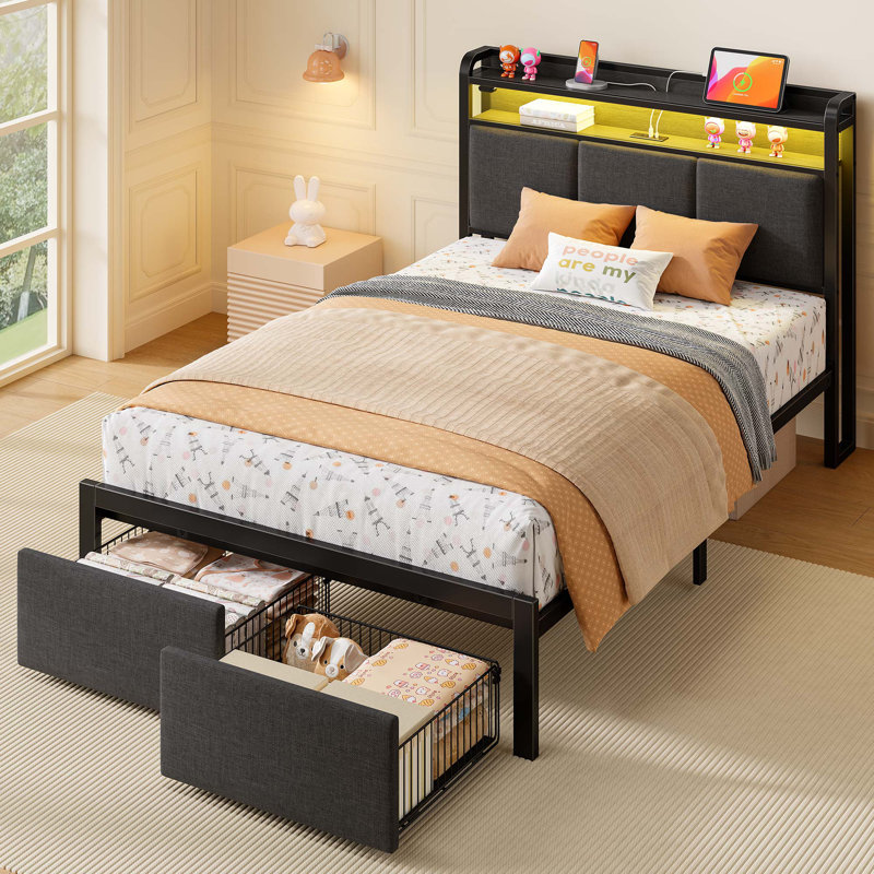 Modern Upholstered Platform Bed with Storage, Headboard, USB Charging Station & LED Lights, Twin/Single, Grey, With Drawer