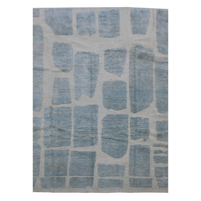 Tapis gris clair / bleu en laine noué à la main 7 pi 4 po x 11 pi 2 po