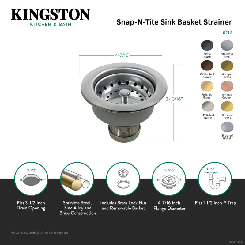 Kingston Brass Tacoma 3-1/2 Inch Kitchen Sink Basket Strainer Only, Stainless Steel