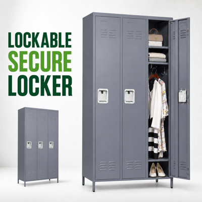 Bizoe Grey 72"H Metal Lockers With Lock And 3 Doors For Employees,Storage Locker Cabinet For Home Gym Office School Garage