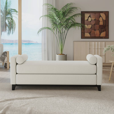 Banc / lit de jour / repose-pieds rembourré en molleton sherpa 66,34 pouces avec pieds en bois massif noir et 2 traversins, idéal pour le lit, la chambre à coucher, le salon et le vestibule