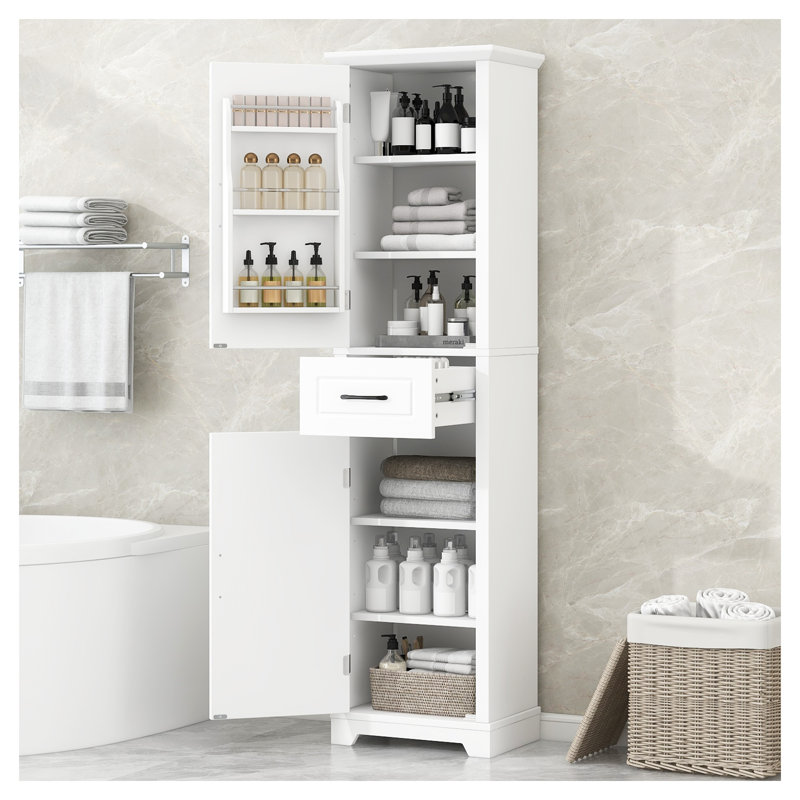 Grande armoire de rangement autoportante pour salle de bain avec tablettes réglables - Armoire en panneau de fibres à densité moyenne blanc avec deux portes pour l'organisation de la salle de bain